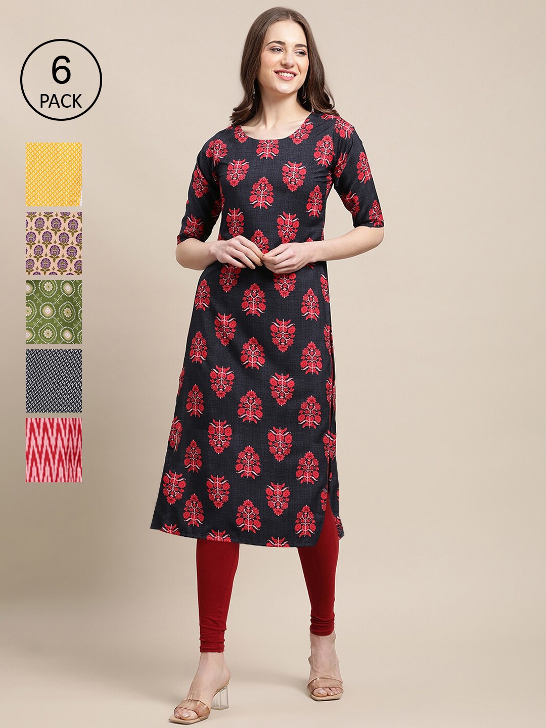 

7Threads Women Multicoloured Pack of 6 Digital Printed Straight Kurta, Multi