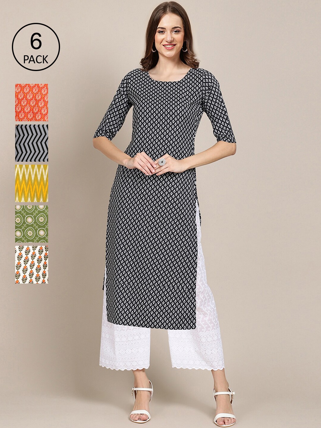 

7Threads Women Black & Yellow Pack Of 6 Geometric Printed Block Print Crepe Kurta