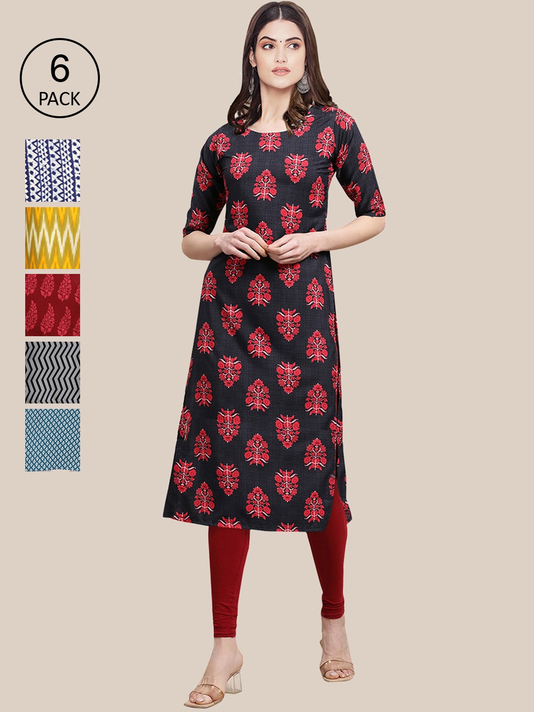 

7Threads Women Red & Blue Pack Of 6 Geometric Printed Block Print Crepe Kurta