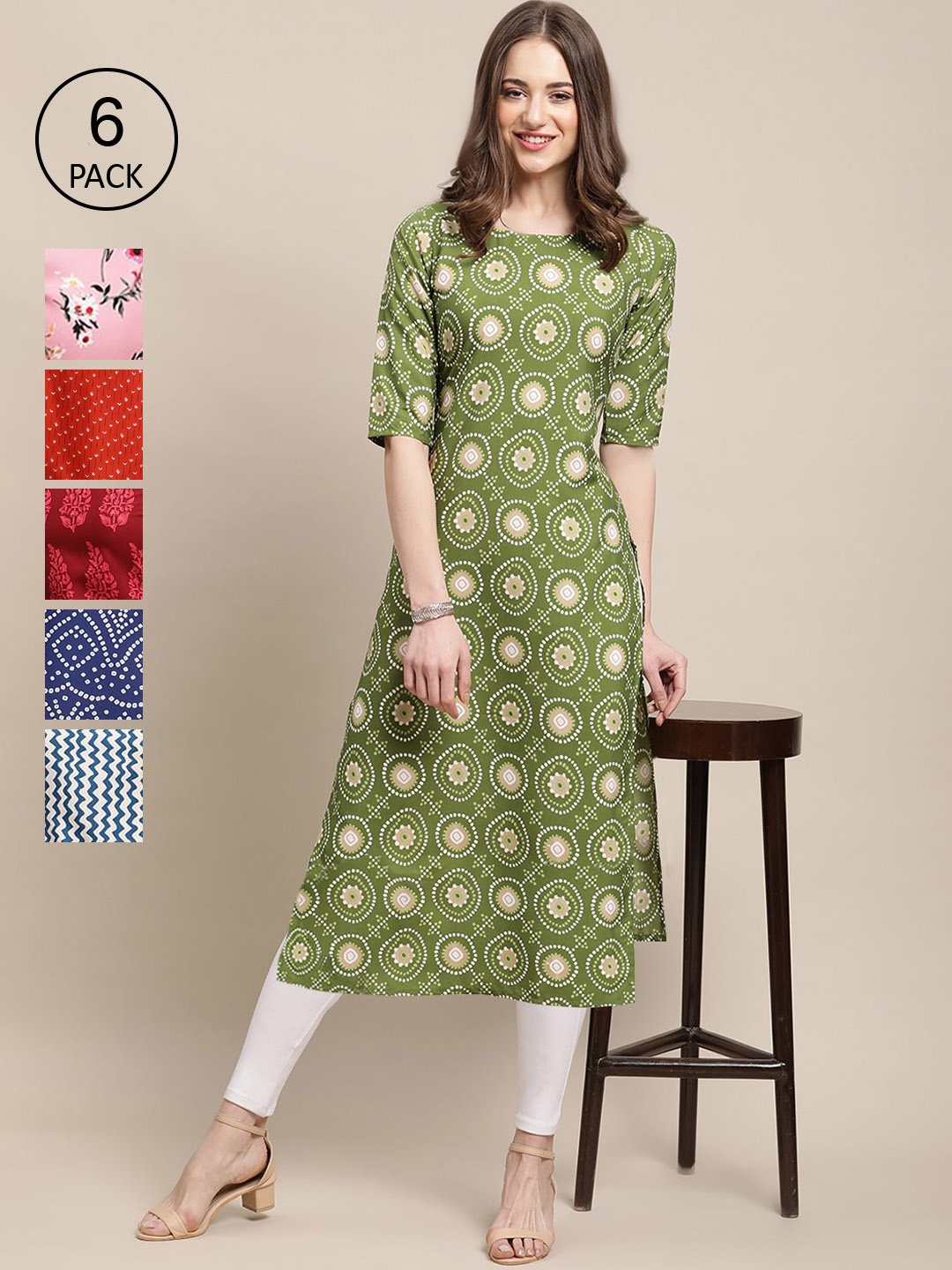 

7Threads Women Green & Red Pack Of 6 Geometric Printed Block Print Crepe Kurta