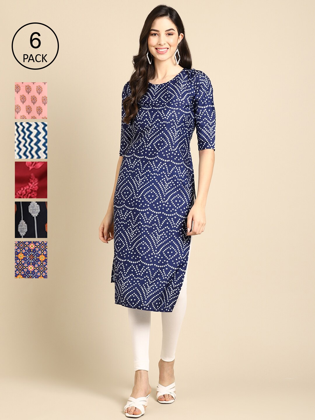 

7Threads Women Blue & Red Pack Of 6 Geometric Checked Block Print Crepe Kurta