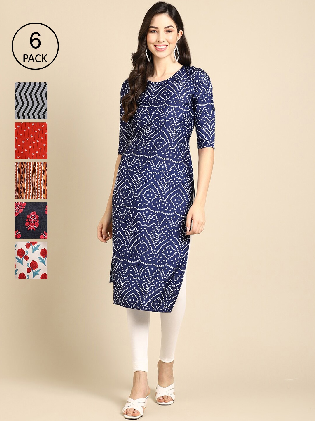 

7Threads Women Blue & Red Pack Of 6 Geometric Striped Block Print Crepe Kurta