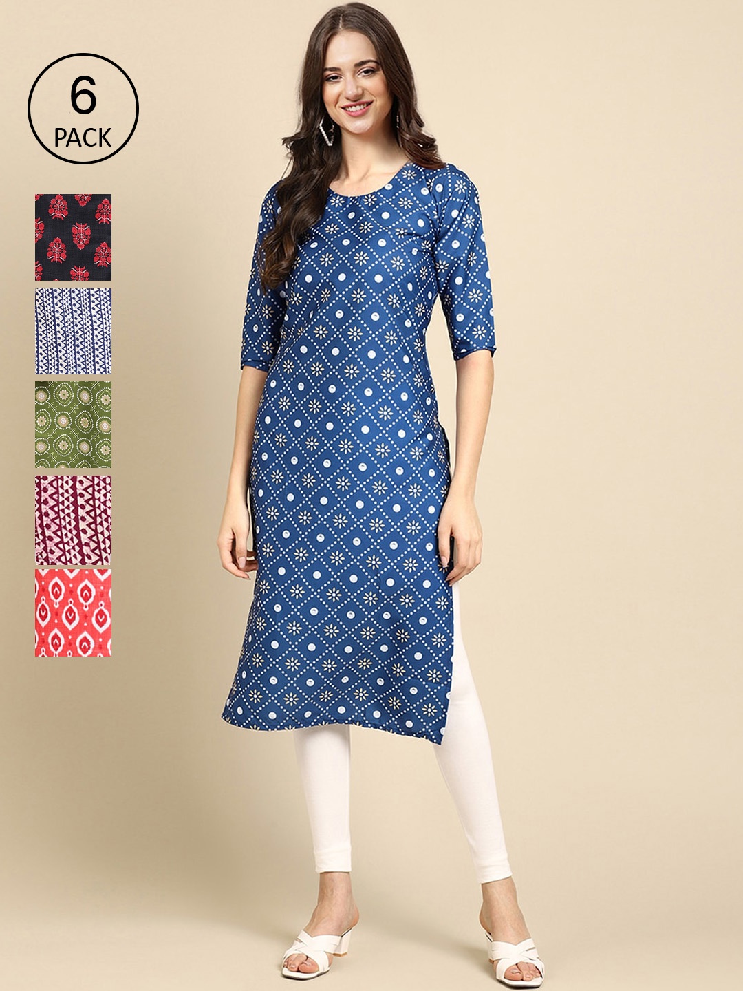 

7Threads Women Blue & Red Pack of 6 Geometric Printed Crepe Kurtas