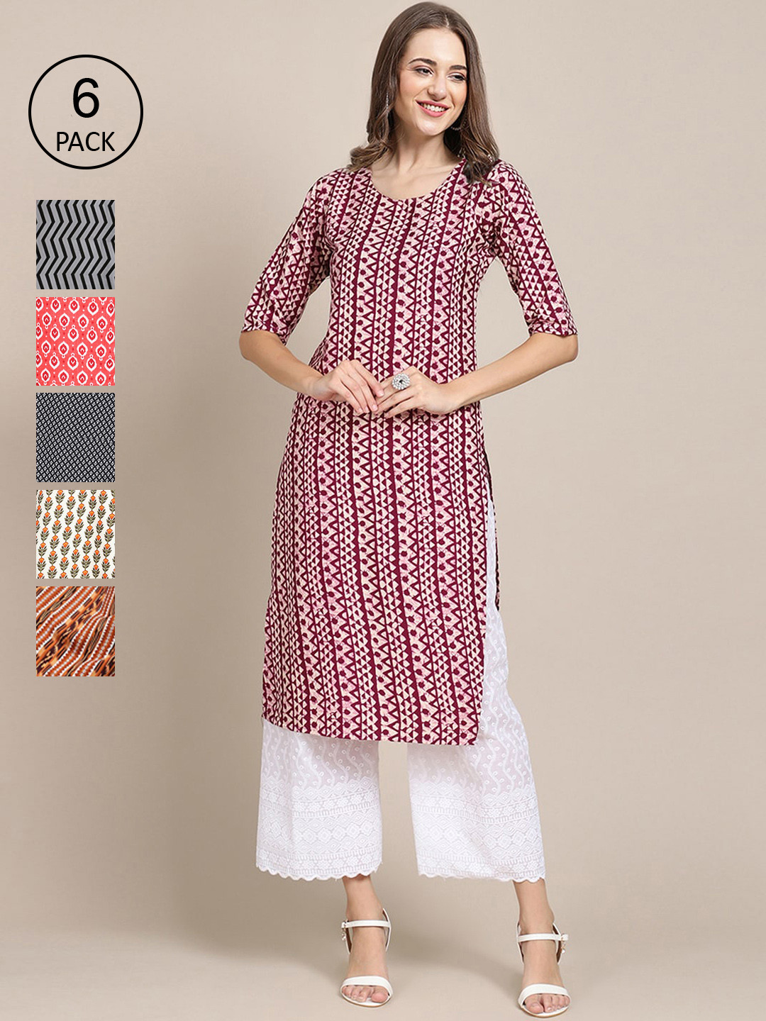

7Threads Women Maroon & Black Pack of 6 Geometric Printed Crepe Kurtas