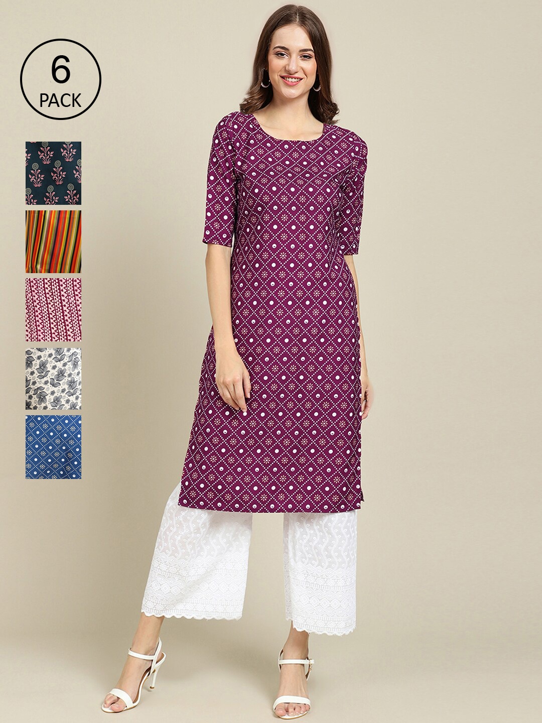 

7Threads Women Purple & Red Pack of 6 Floral Printed Crepe Kurtas