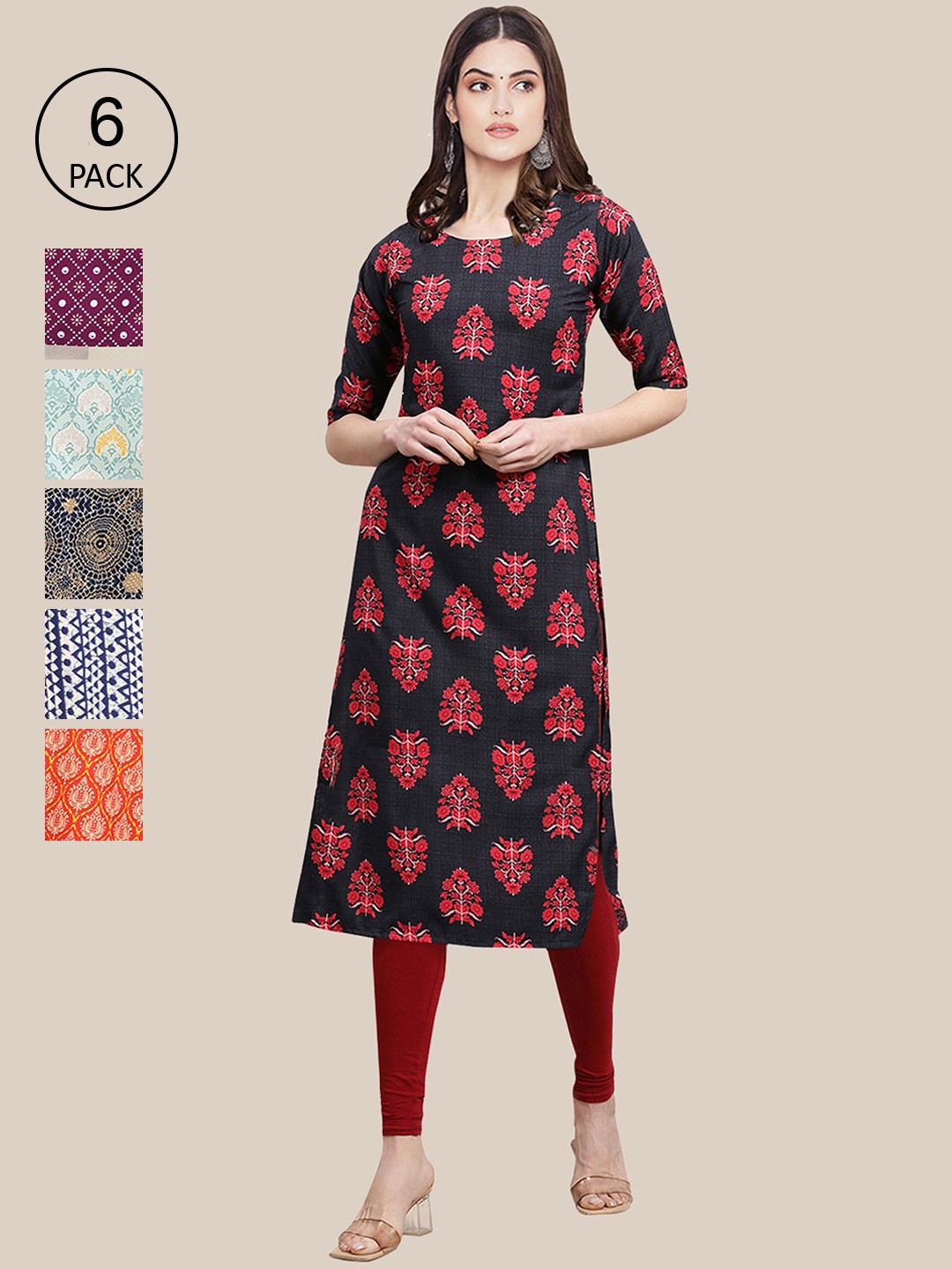 

7Threads Women Red & Navy Blue Pack of 6 Floral Printed Crepe Kurta