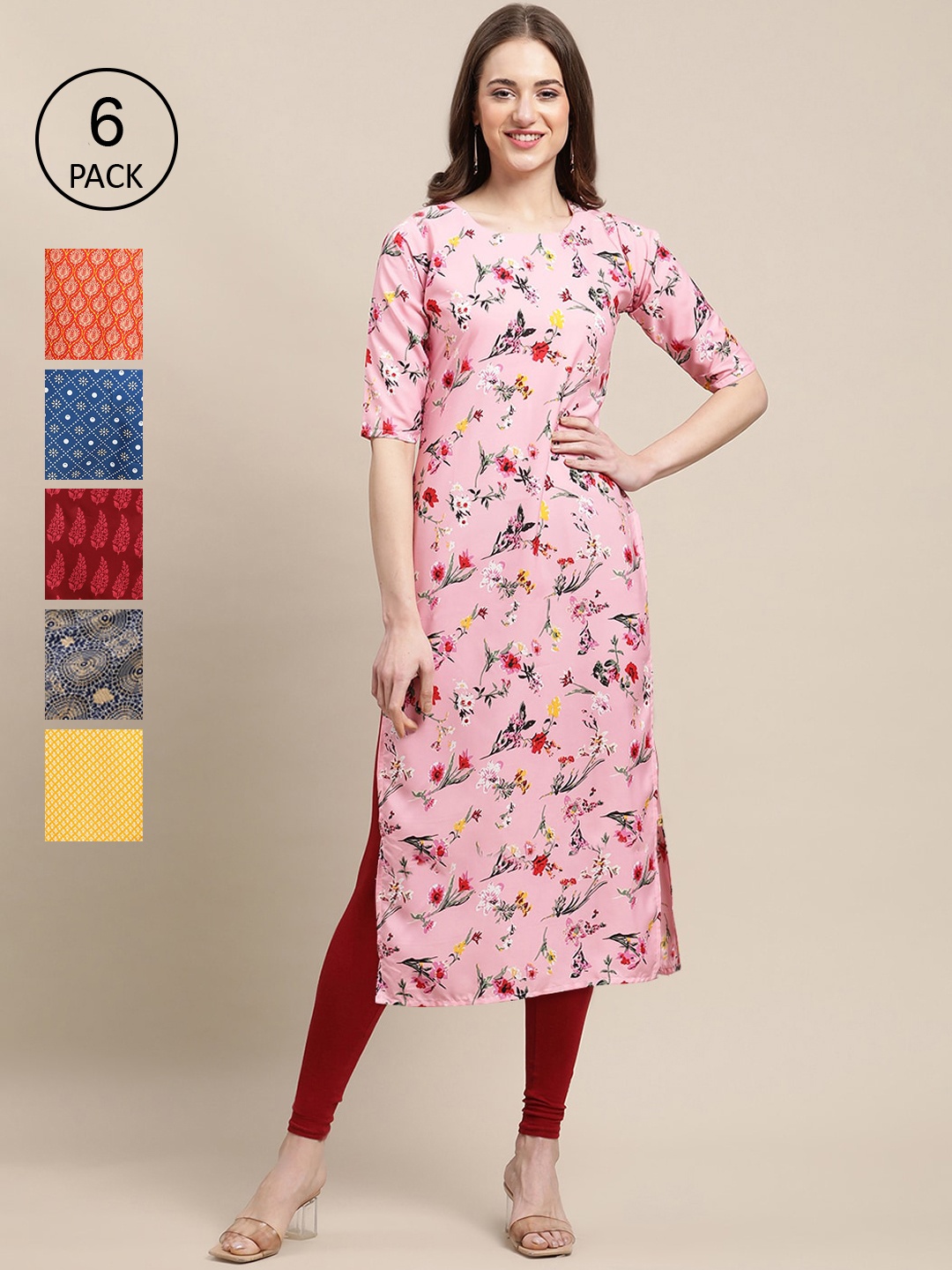 

7Threads Women Pink & Red Pack of 6 Floral Printed Crepe Kurtas