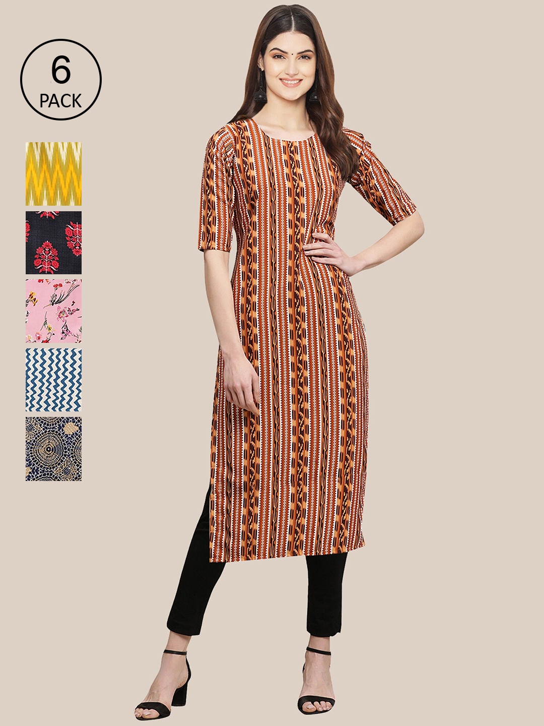 

7Threads Women Maroon & Yellow Pack of 6 Floral Printed Crepe Kurtas