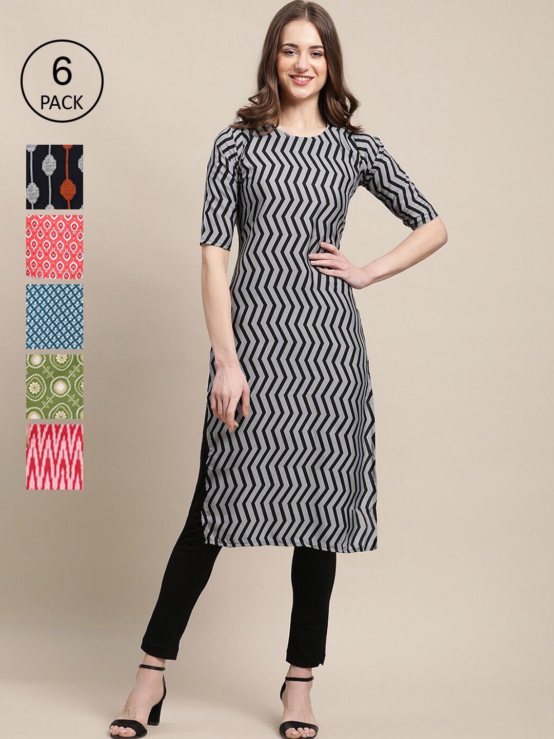 

7Threads Women Black & Blue Pack of 6 Geometric Printed Crepe Kurtas