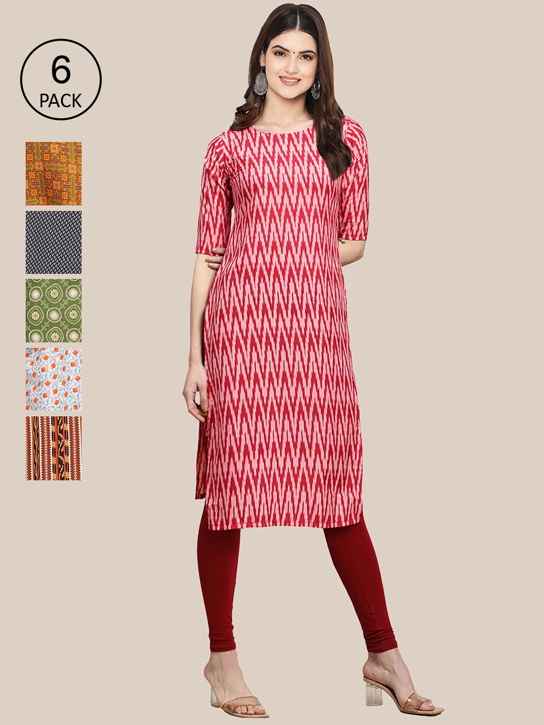 

7Threads Women Red & Green Pack of 6 Geometric Printed Crepe Kurtas
