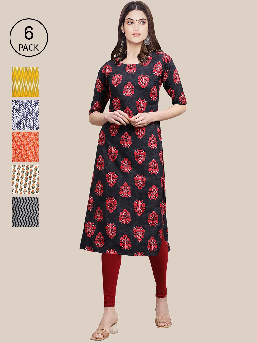

7Threads Women Red & Yellow Pack of 6 Floral Printed Crepe Kurtas