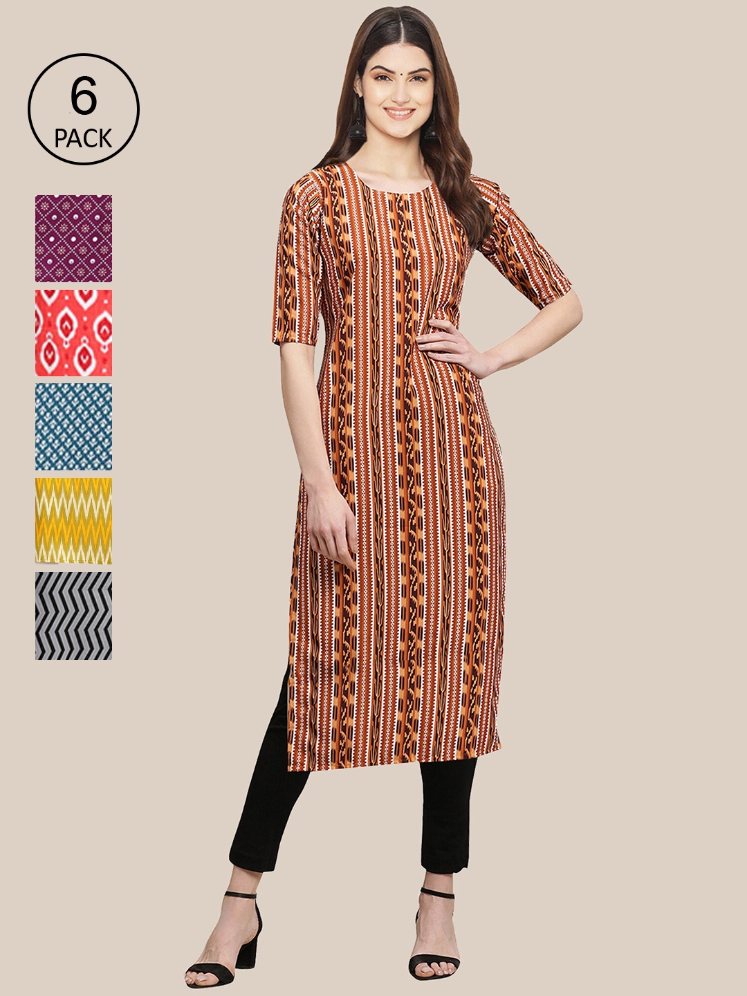 

7Threads Women Maroon & Yellow Pack of 6 Geometric Printed Crepe Kurtas