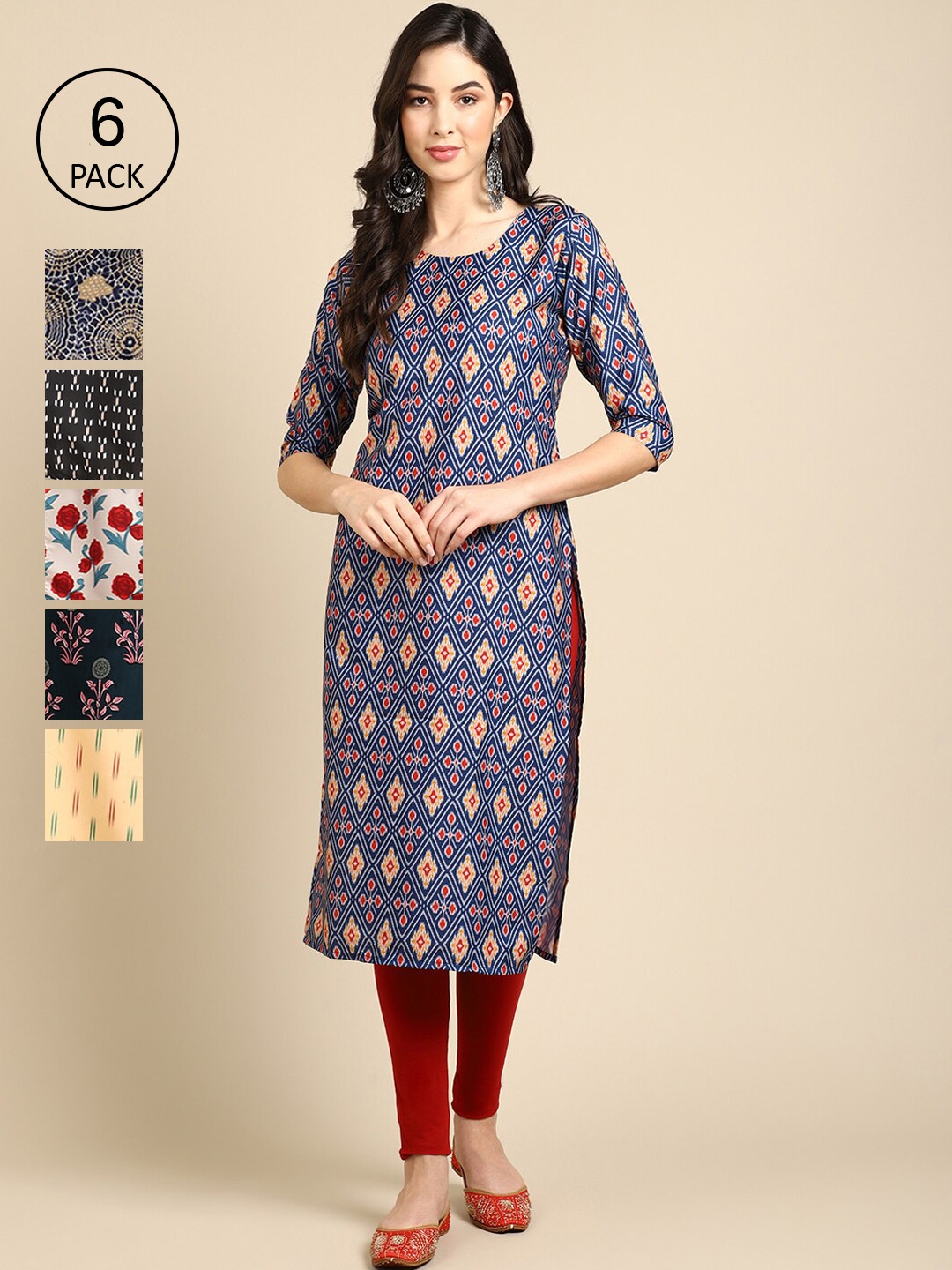

7Threads Women Pack of 6 Floral Printed Crepe Kurtas, Navy blue