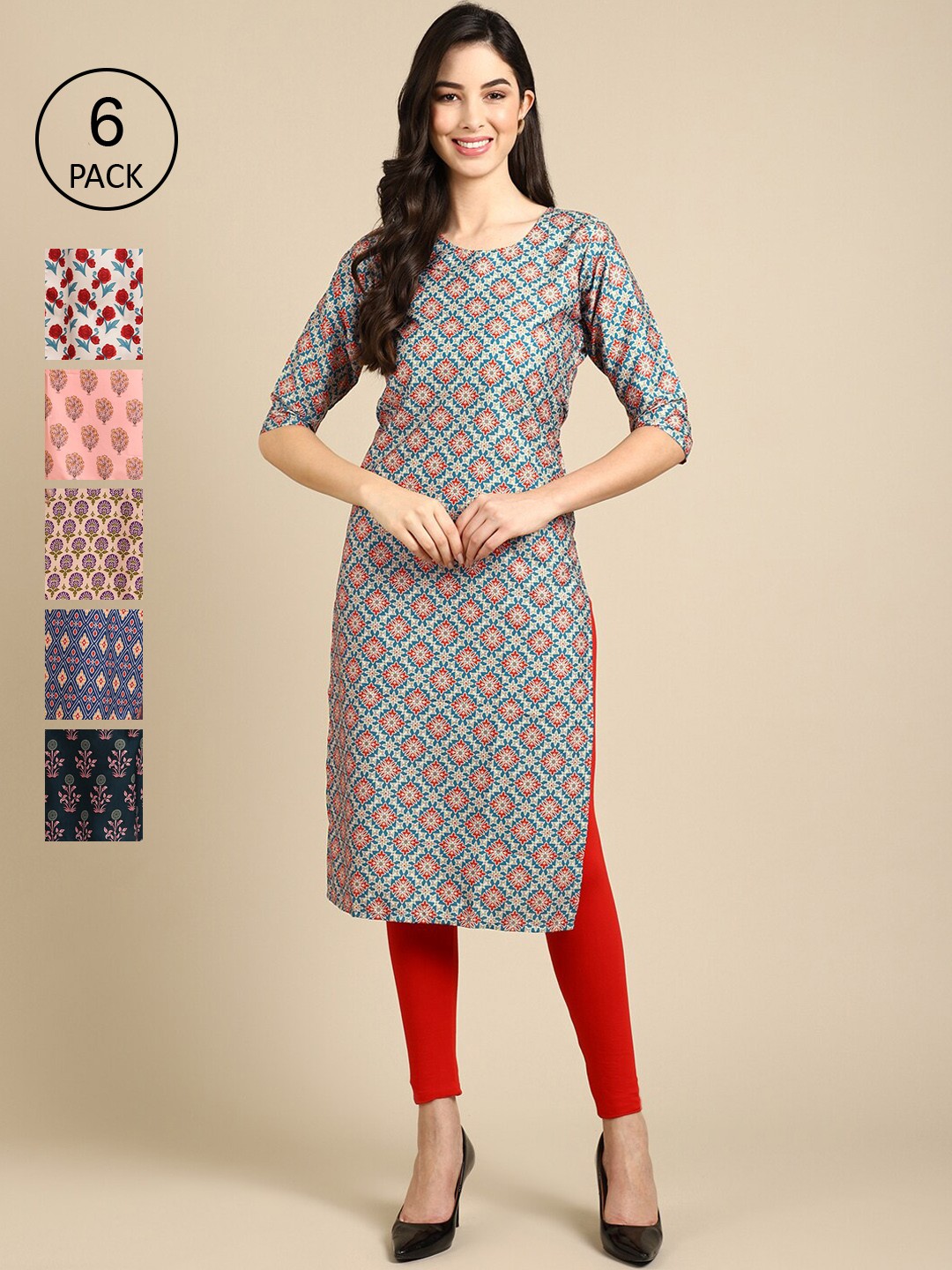 

7Threads Women Set Of 6 Blue & Pink Floral Printed Crepe Kurta