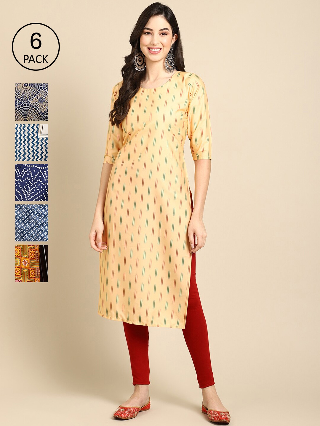 

7Threads Women Pack Of 6 Multicoloured Geometric Printed Crepe Kurta, Multi