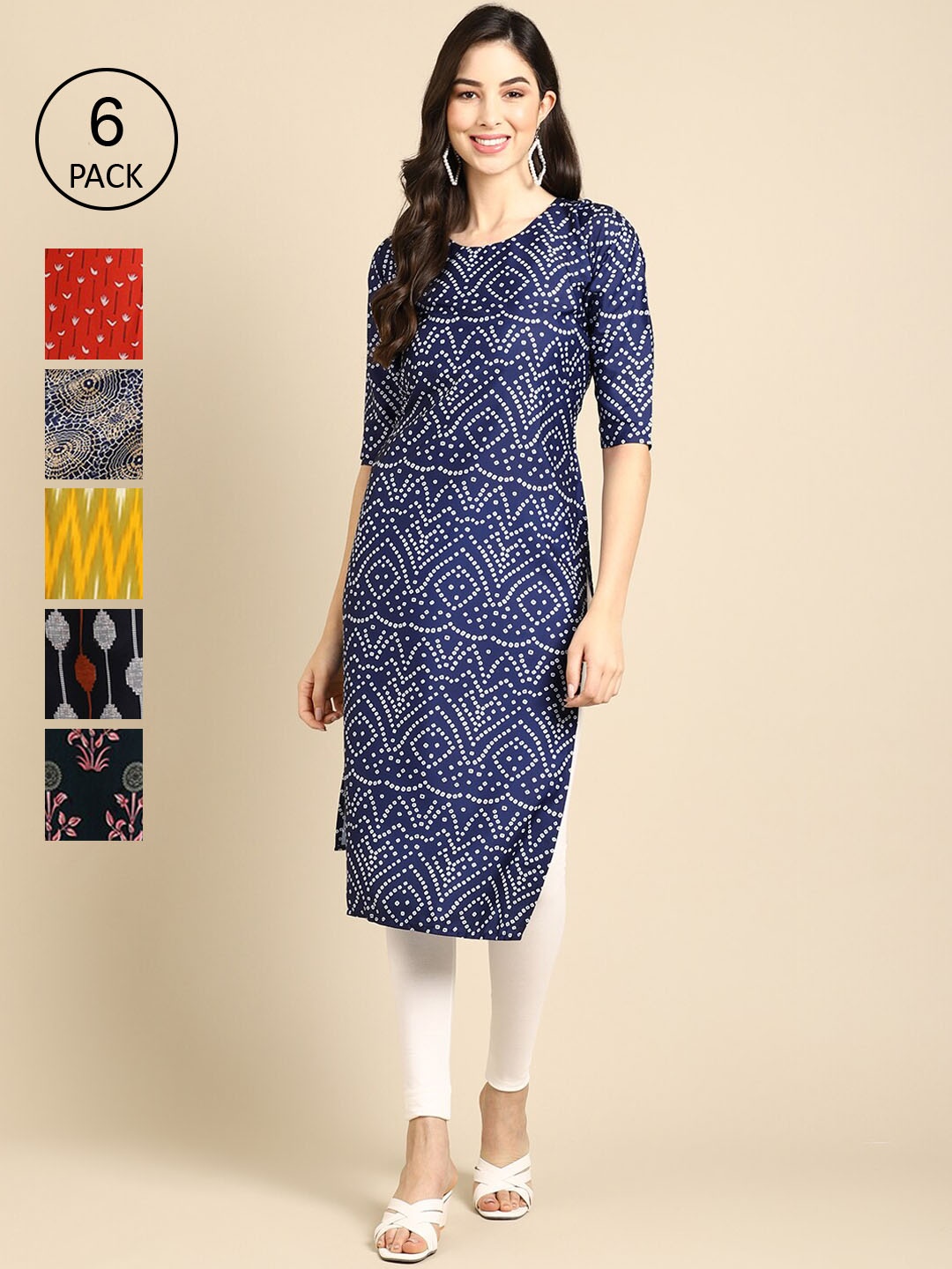 

7Threads Women Pack Of 6 Multicoloured Geometric Printed Crepe Kurta, Multi