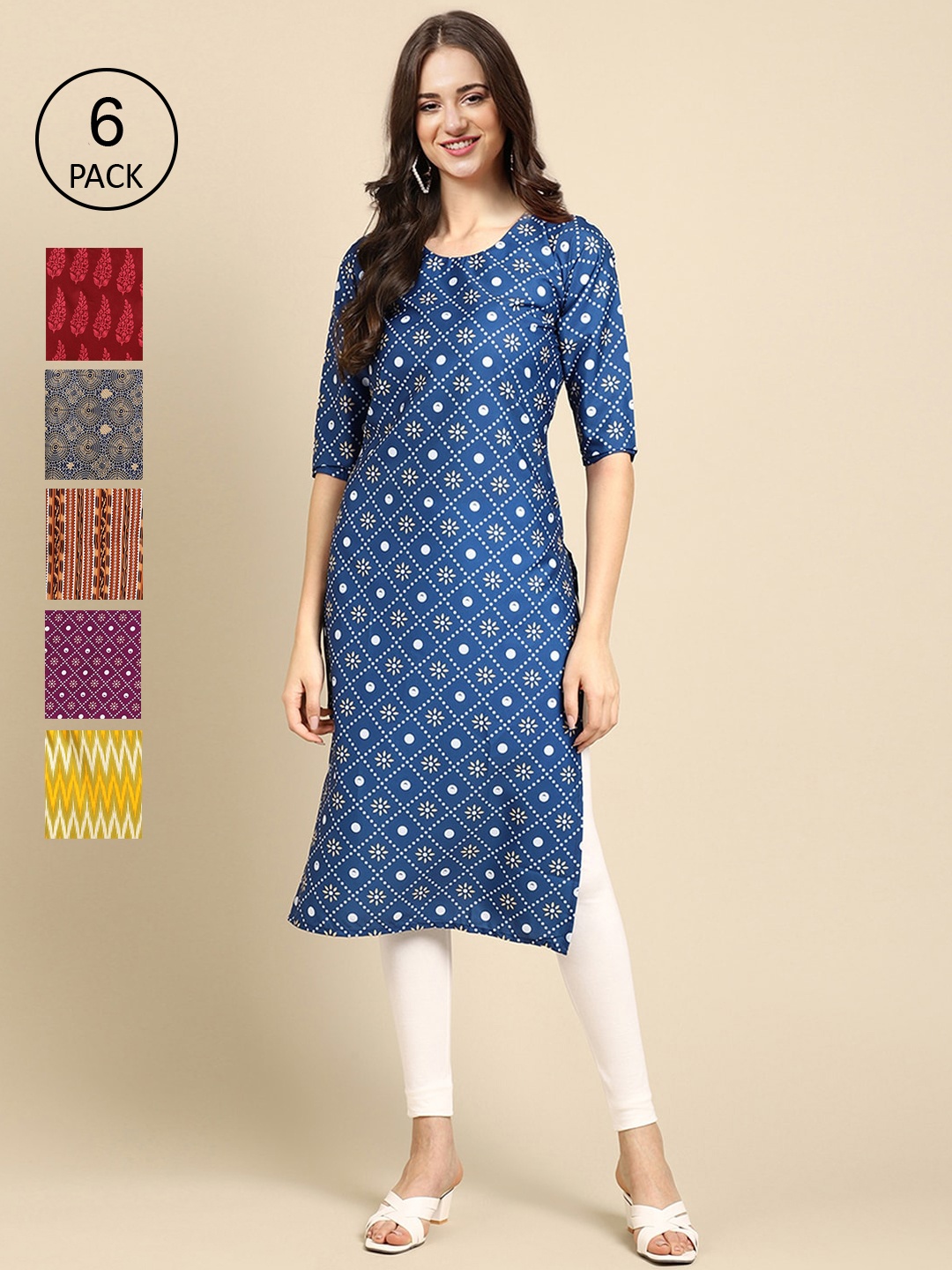 

7Threads Women Pack Of 6 Multicoloured Geometric Printed Crepe Kurta, Multi