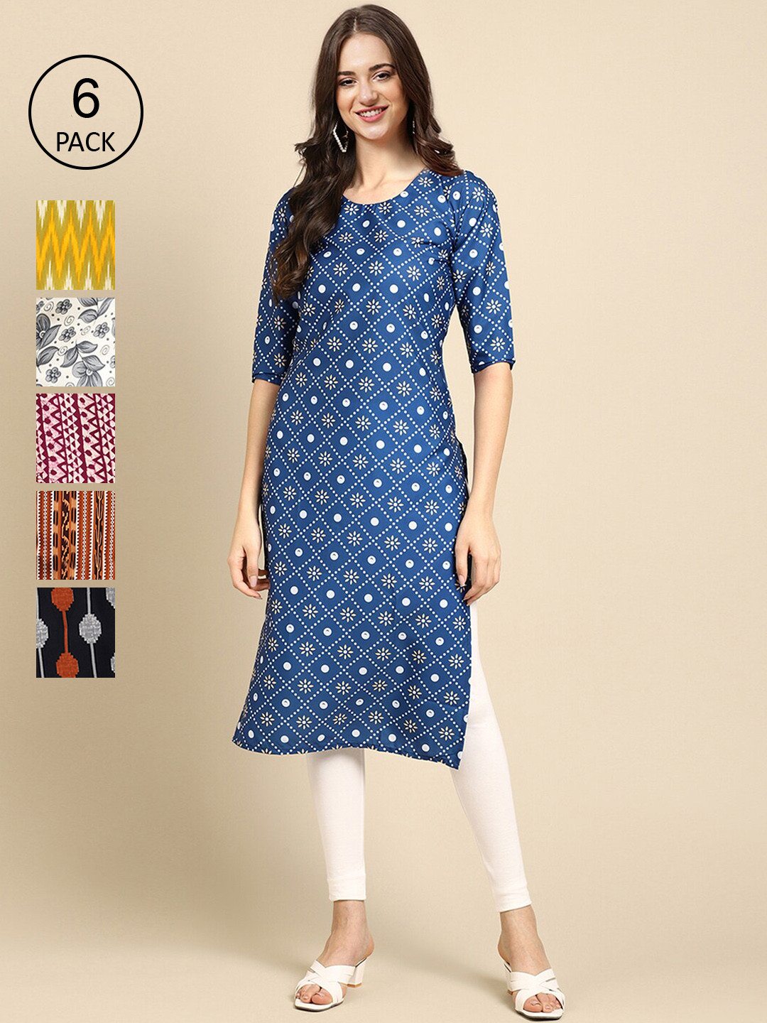

7Threads Women Pack Of 6 Multicoloured Geometric Printed Crepe Kurta, Multi
