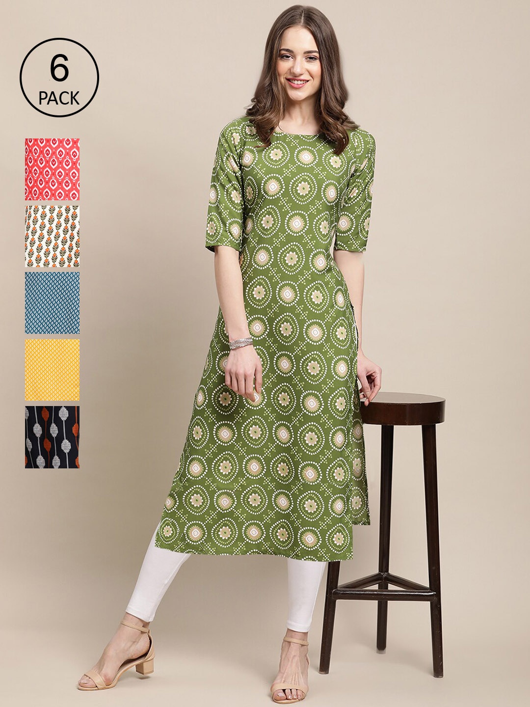 

7Threads Women Pack Of 6 Multicoloured Geometric Printed Crepe Kurta, Multi