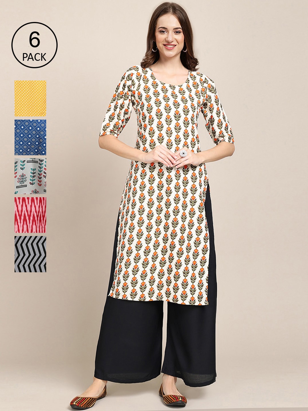 

7Threads Women Pack Of 6 Multicoloured Geometric Printed Crepe Kurta, Multi