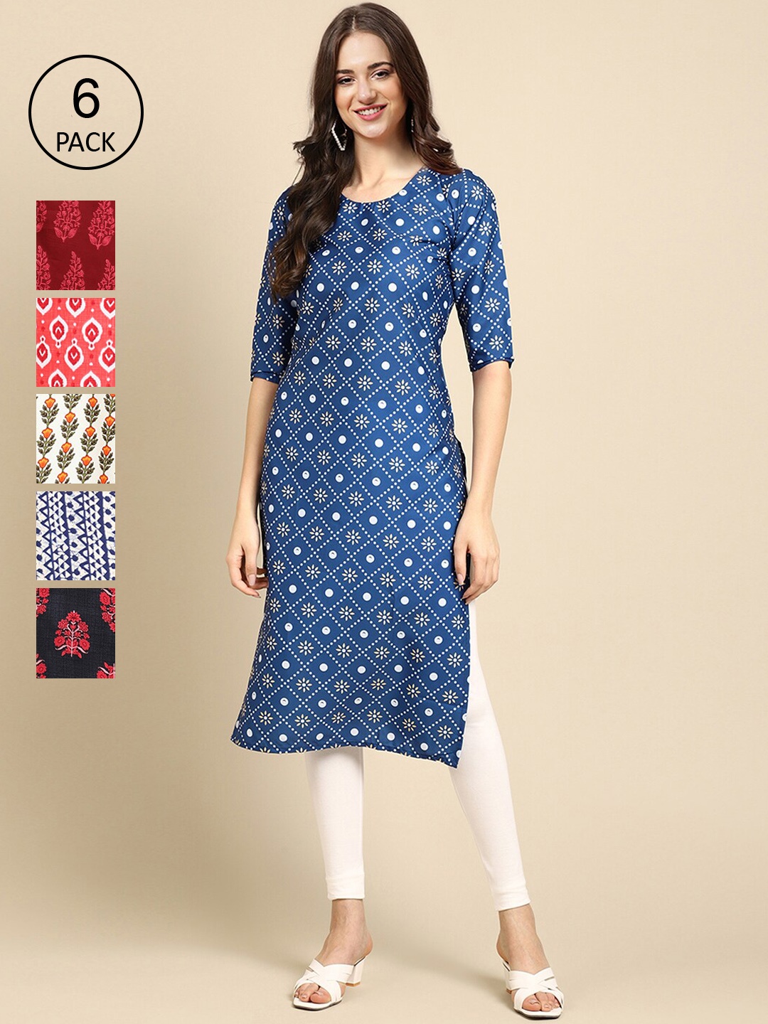 

7Threads Women Pack Of 6 Multicoloured Geometric Printed Crepe Kurta, Multi