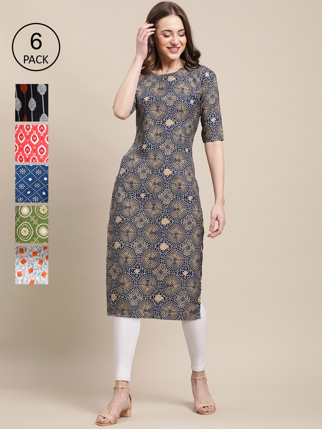

7Threads Women Pack Of 6 Multicoloured Geometric Printed Crepe Kurta, Multi