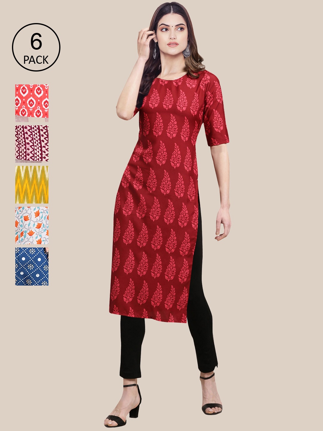 

7Threads Women Pack Of 6 Multicoloured Geometric Printed Crepe Kurta, Multi