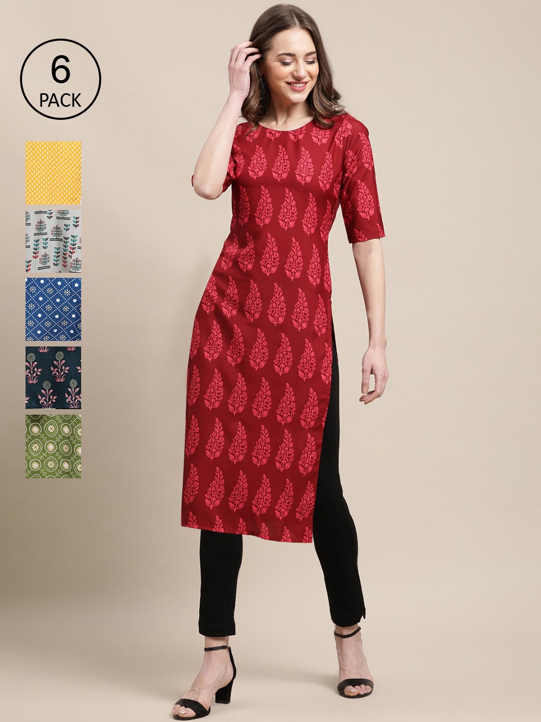 

7Threads Women Pack Of 6 Multicoloured Ethnic Motifs Printed Crepe Kurta, Multi