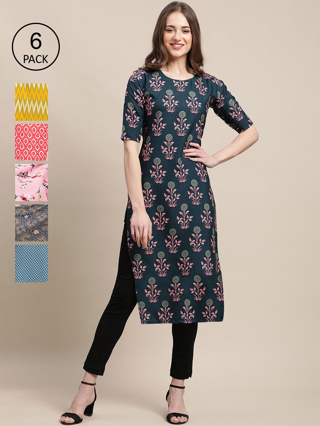 

7Threads Women Pack Of 6 Multicoloured Geometric Printed Crepe Kurta, Multi