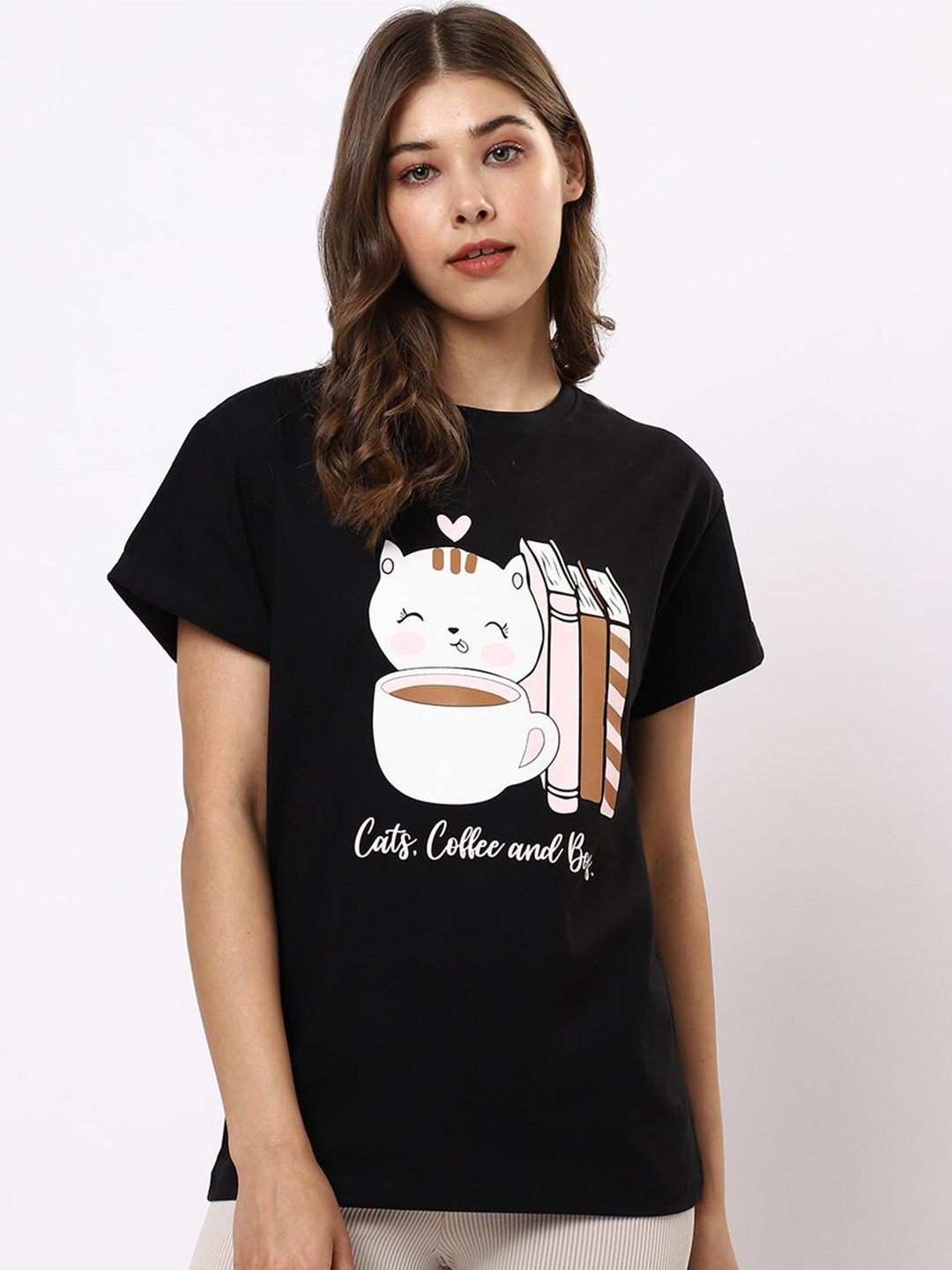 

Bewakoof Women Black & White Printed Pure Cotton T-shirt