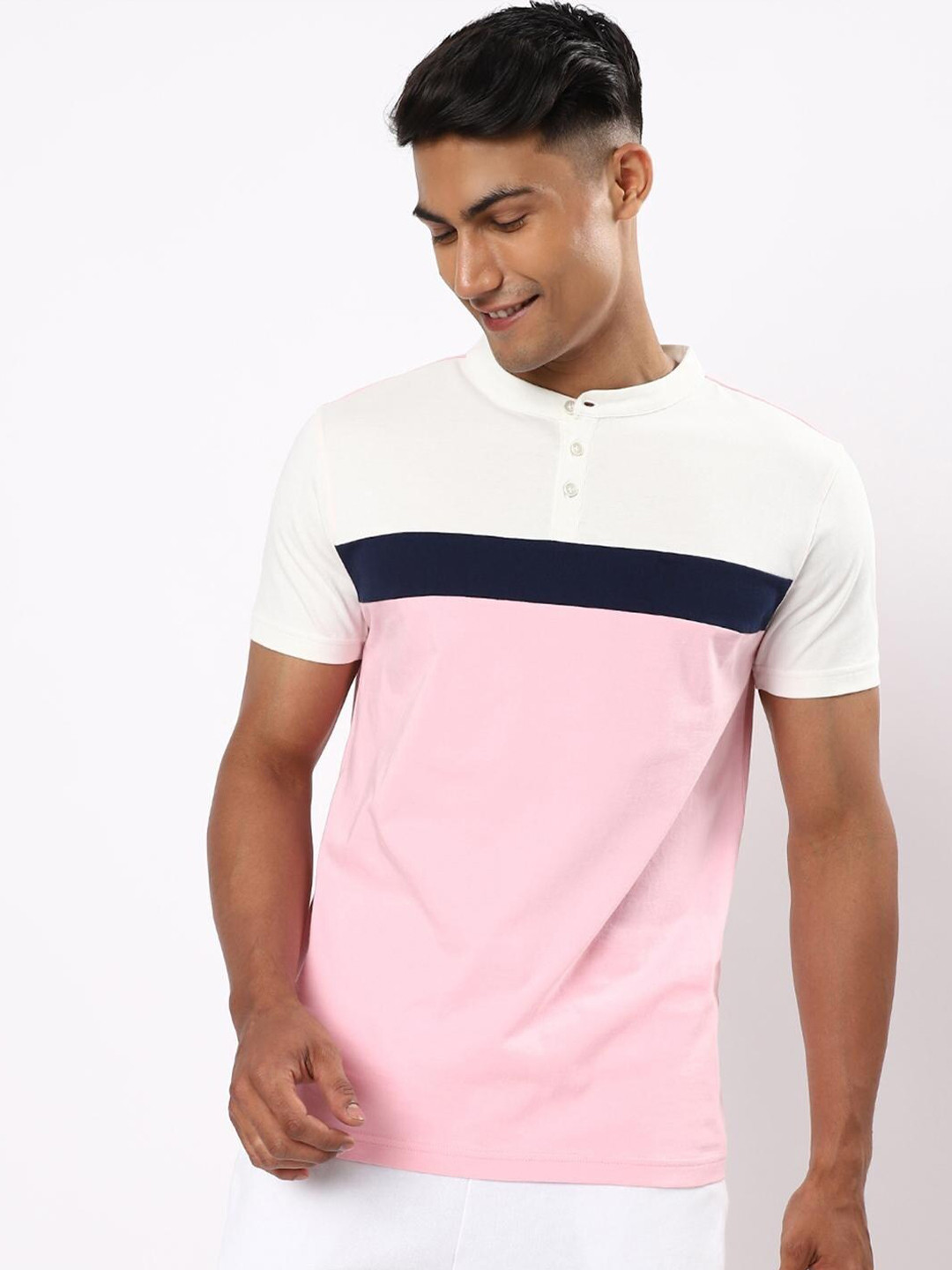 

Bewakoof Men Pink Colourblocked Mandarin Collar Pure Cotton Applique T-shirt