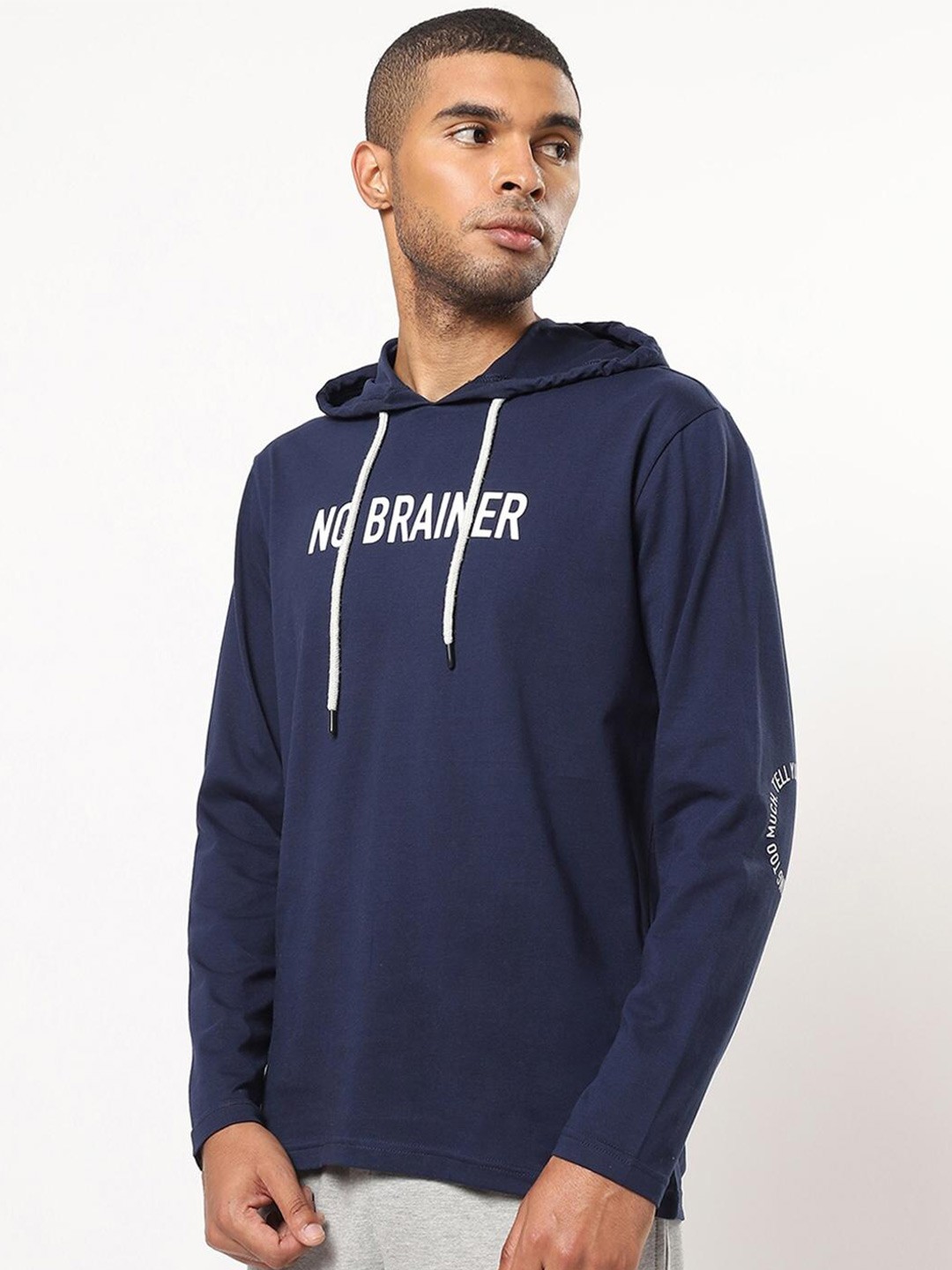 

Bewakoof Men Navy Blue Typography Pure Cotton Hooded T-shirt