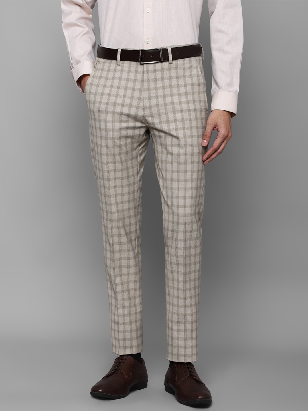 

Louis Philippe Men Beige Checked Slim Fit Trousers