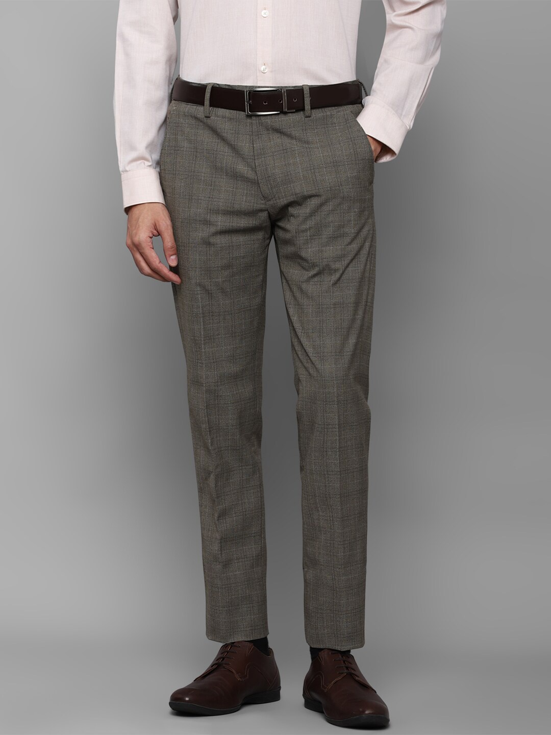 

Louis Philippe Men Grey Checked Slim Fit Trousers