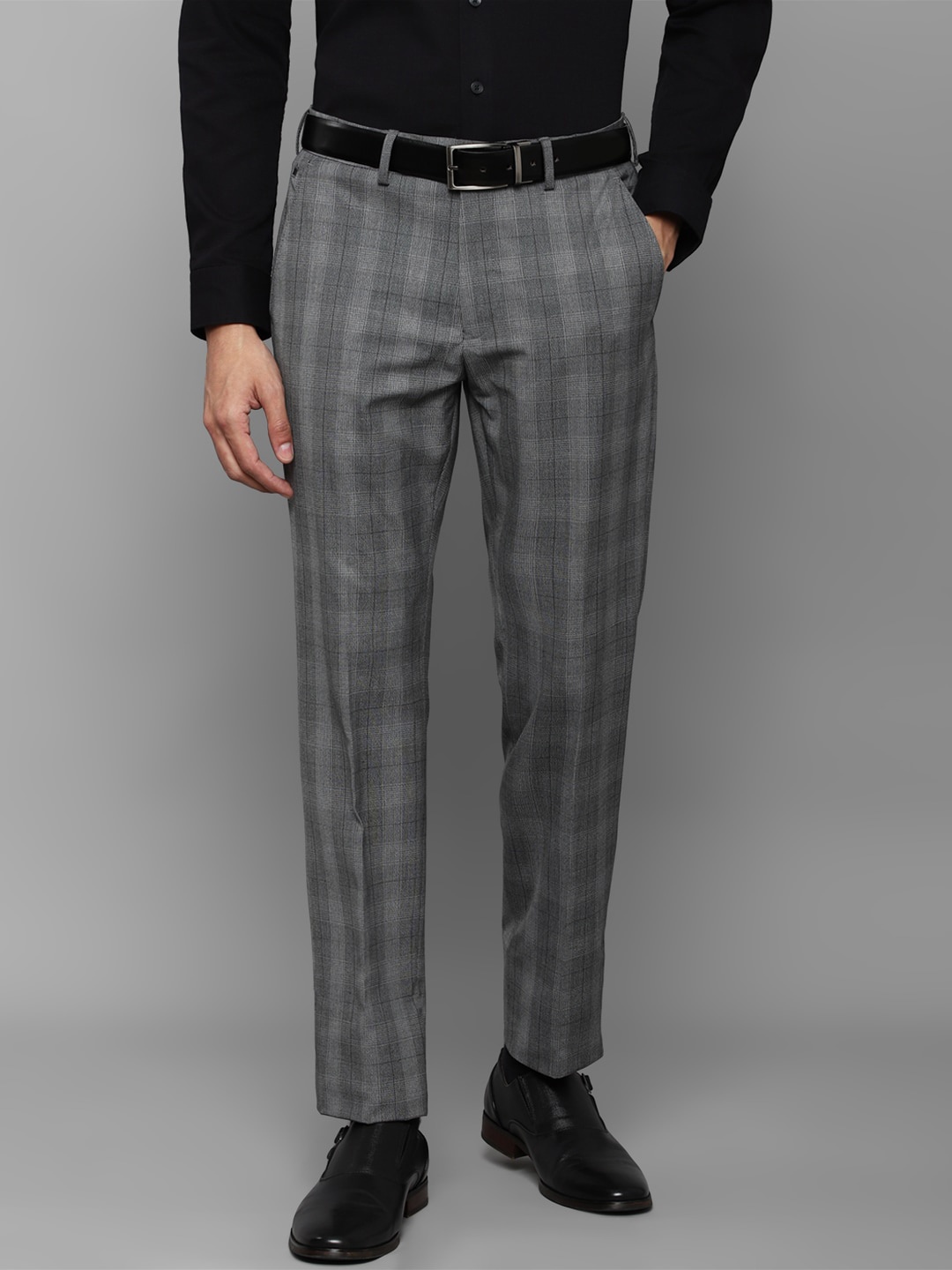 

Louis Philippe Men Grey Checked Slim Fit Trousers