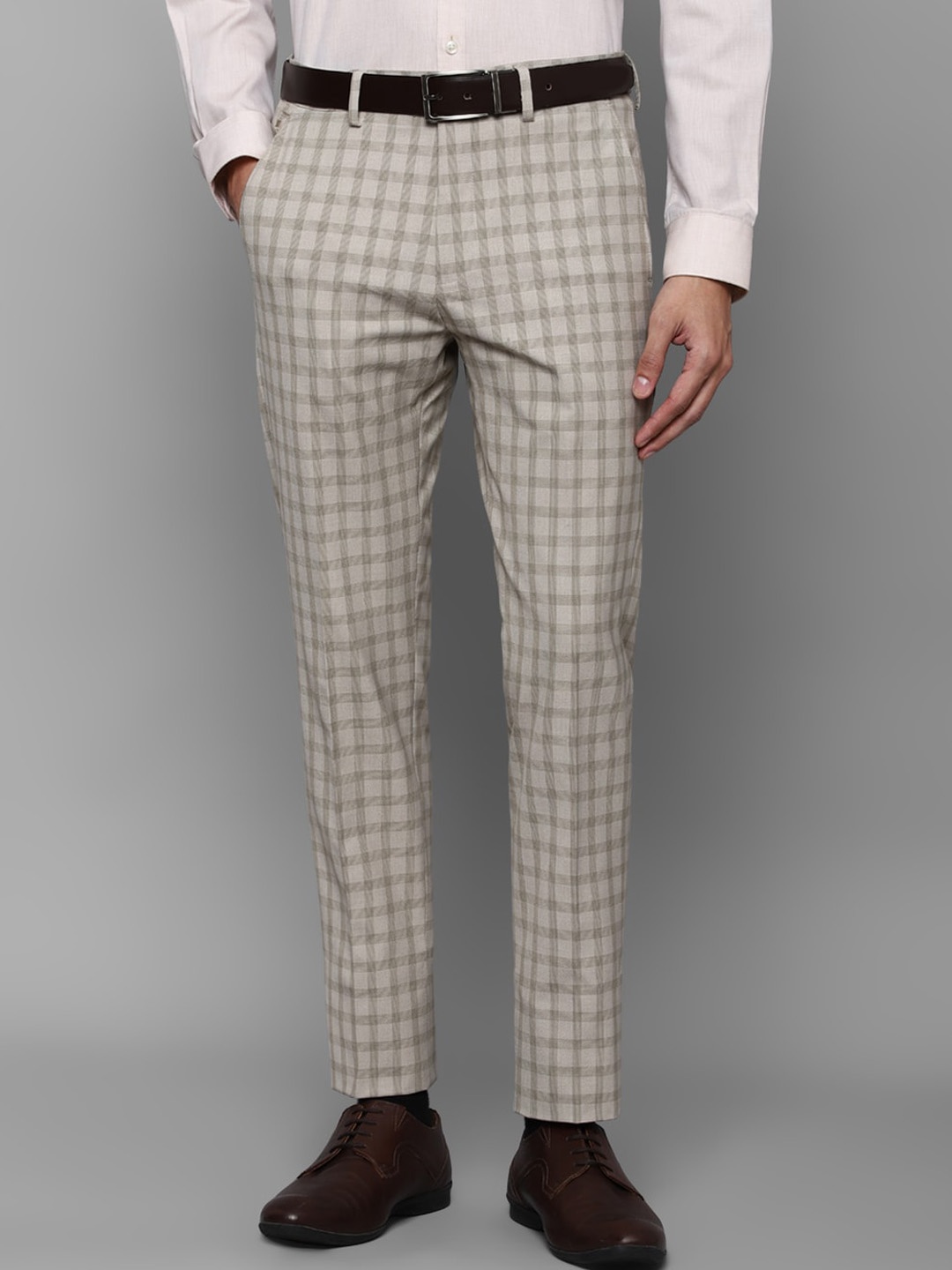 

Louis Philippe Men Beige Checked Slim Fit Trousers