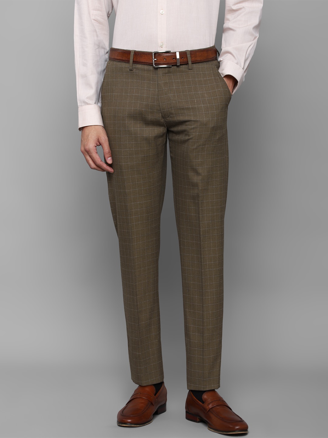 

Louis Philippe Men Olive Green Checked Slim Fit Formal Trousers