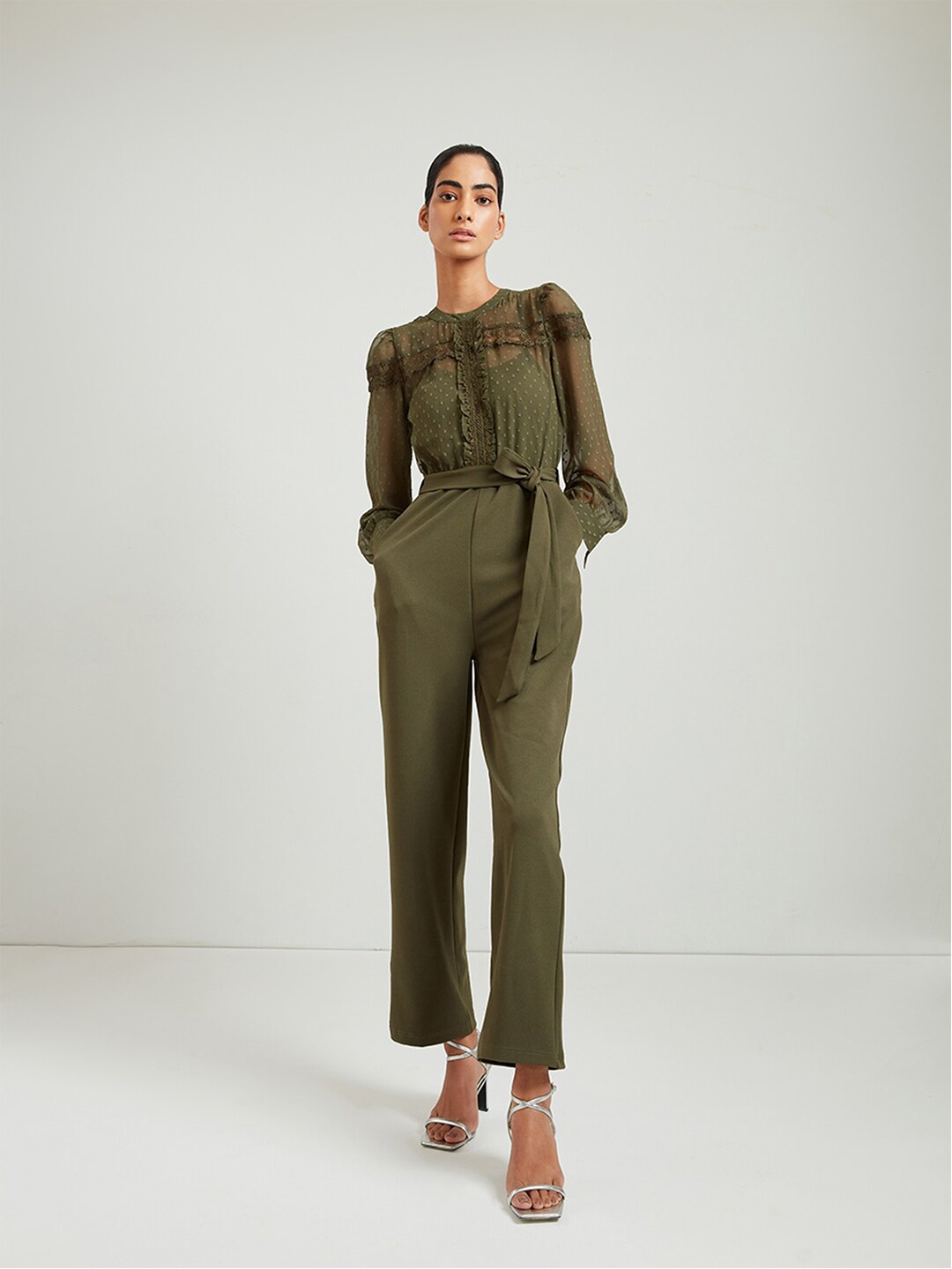 

COVER STORY Green Basic with Lace Inserts Jumpsuit