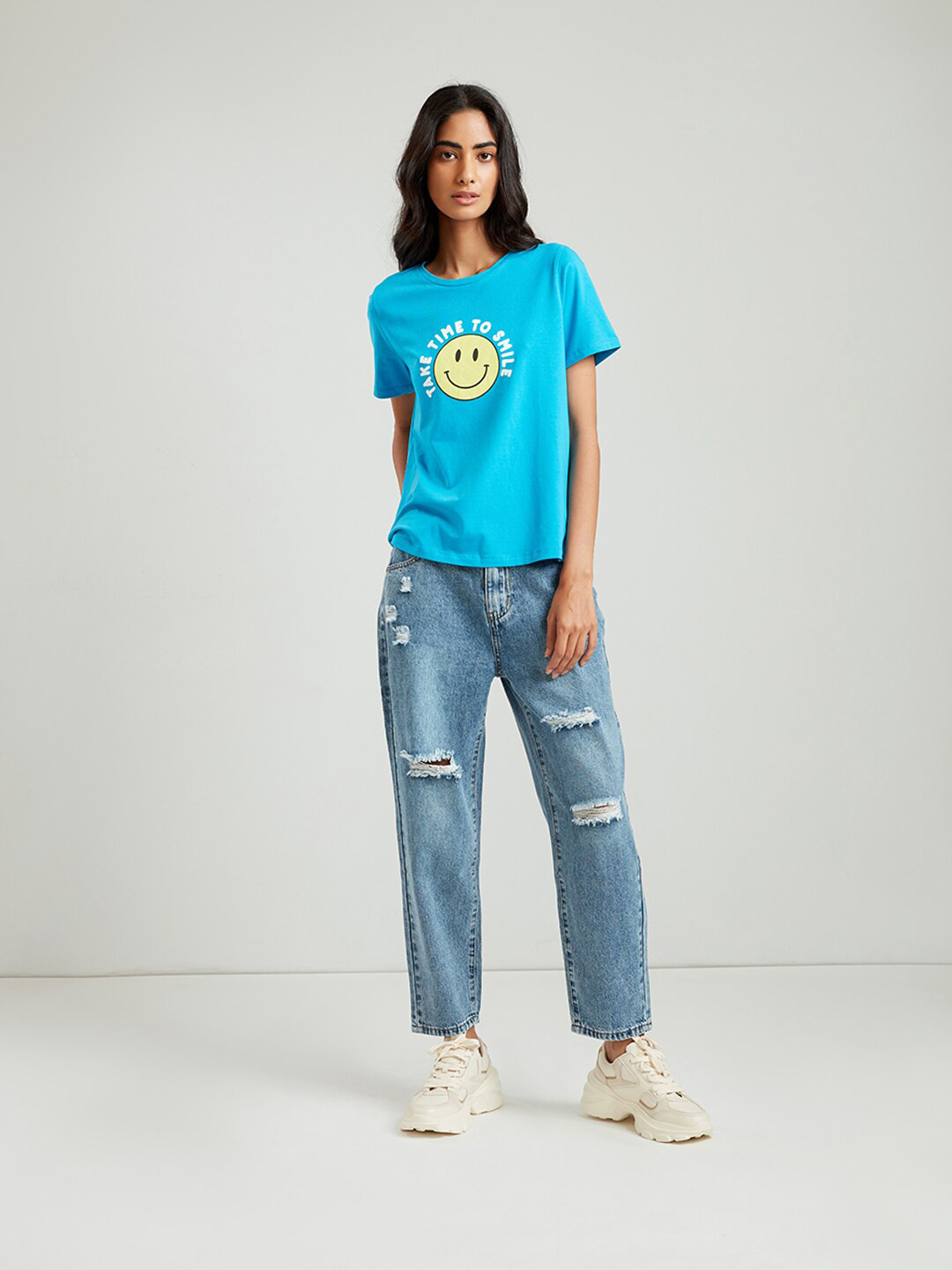

COVER STORY Women Blue Printed Cotton T-shirt