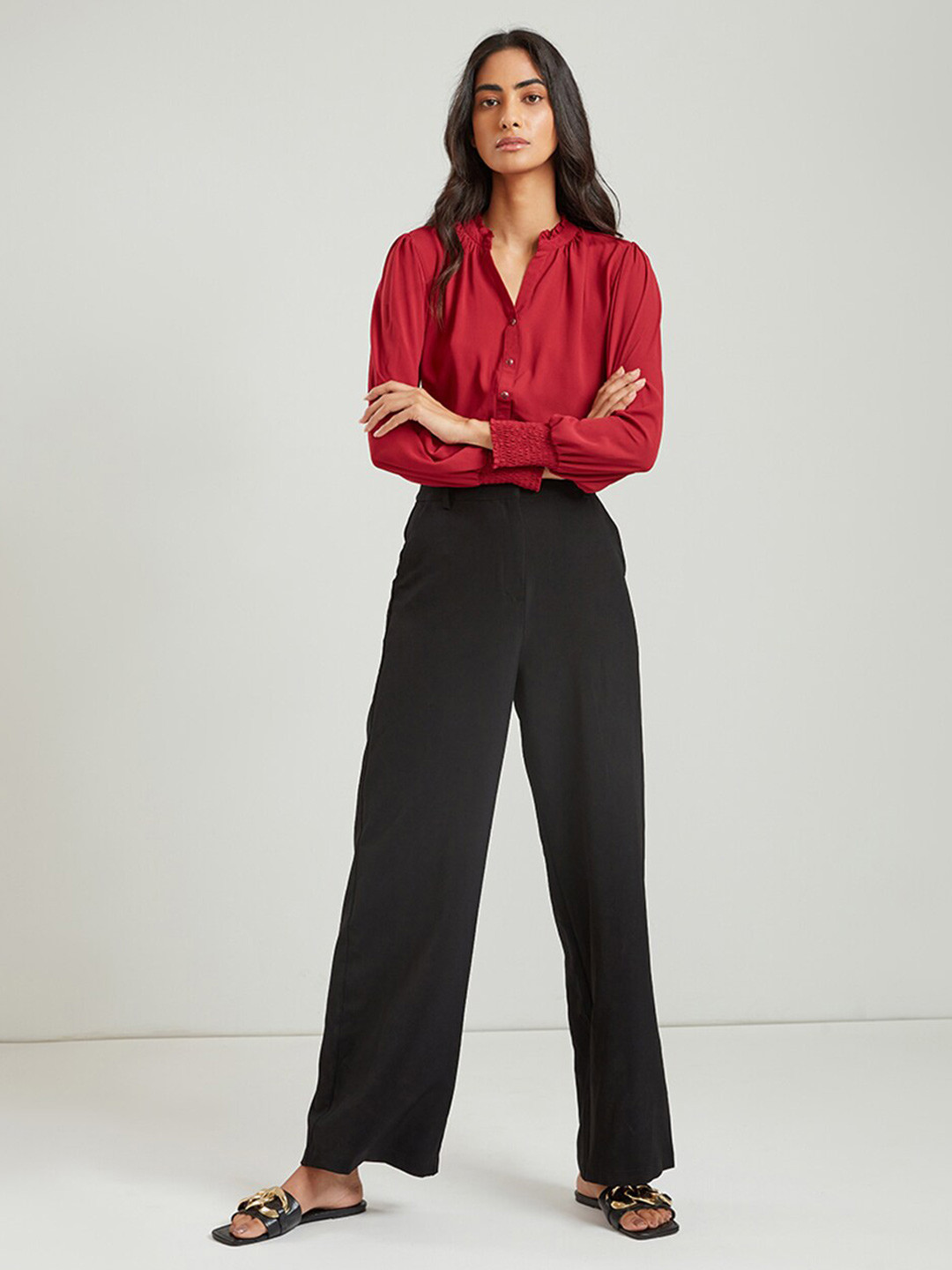 

COVER STORY Women Red Mandarin Collar Shirt Style Top