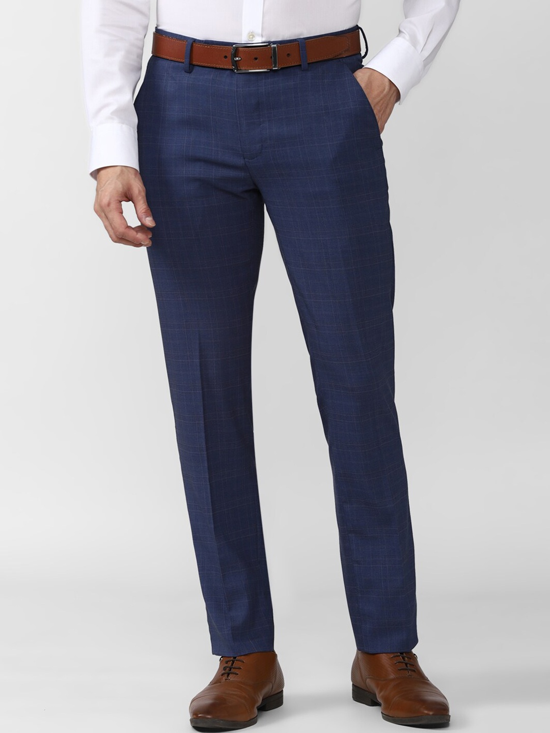 

Peter England Men Navy Blue Checked Slim Fit Trousers