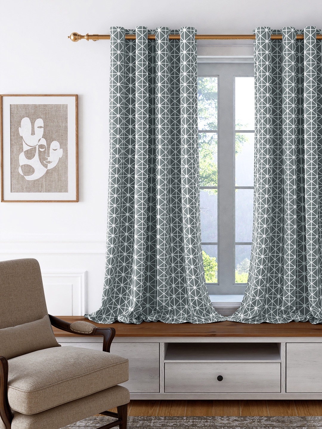 

Story@home Grey & White Geometric Room Darkening Window Curtain