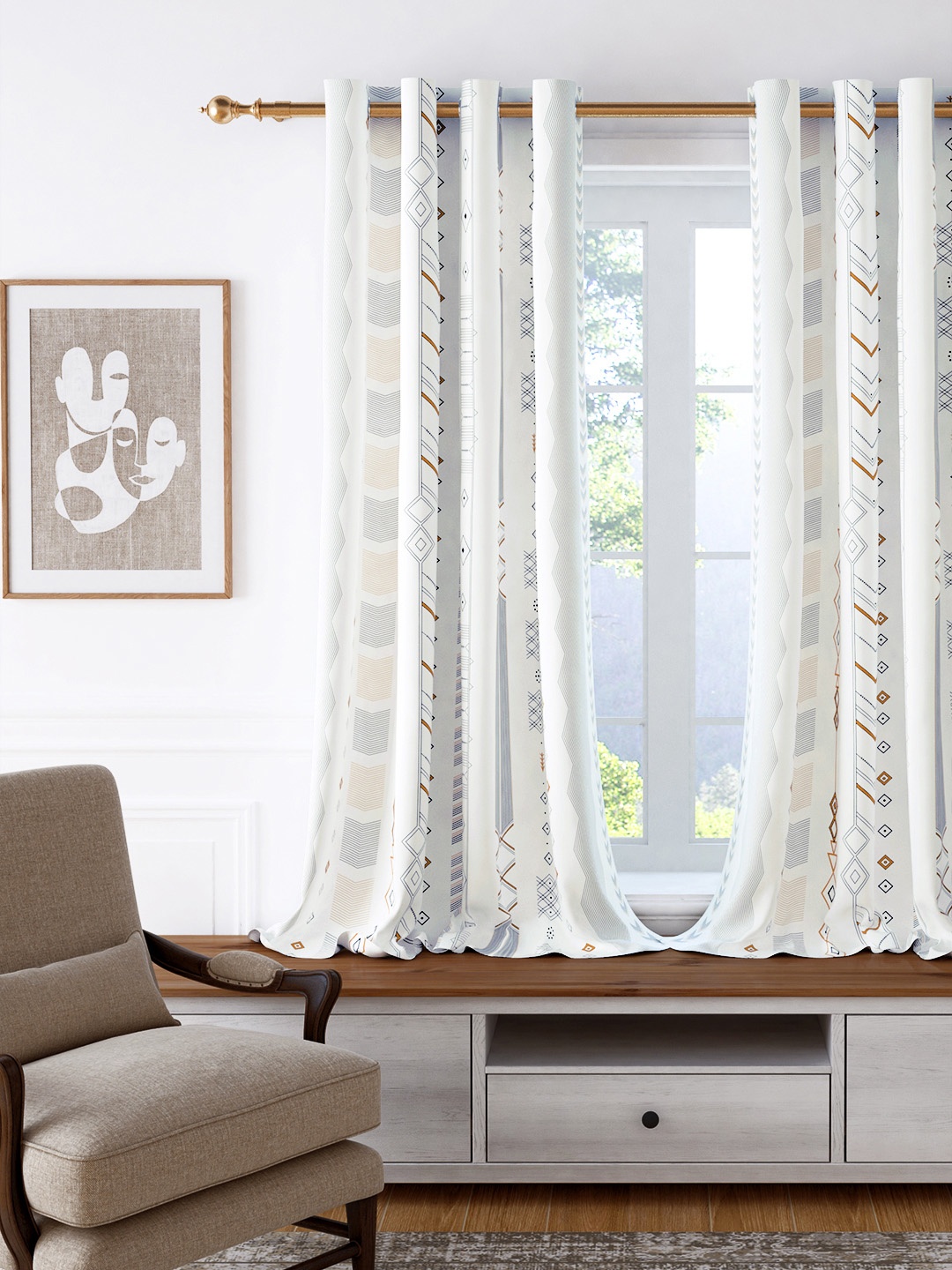 

Story@home White & Grey Geometric Room Darkening Window Curtain