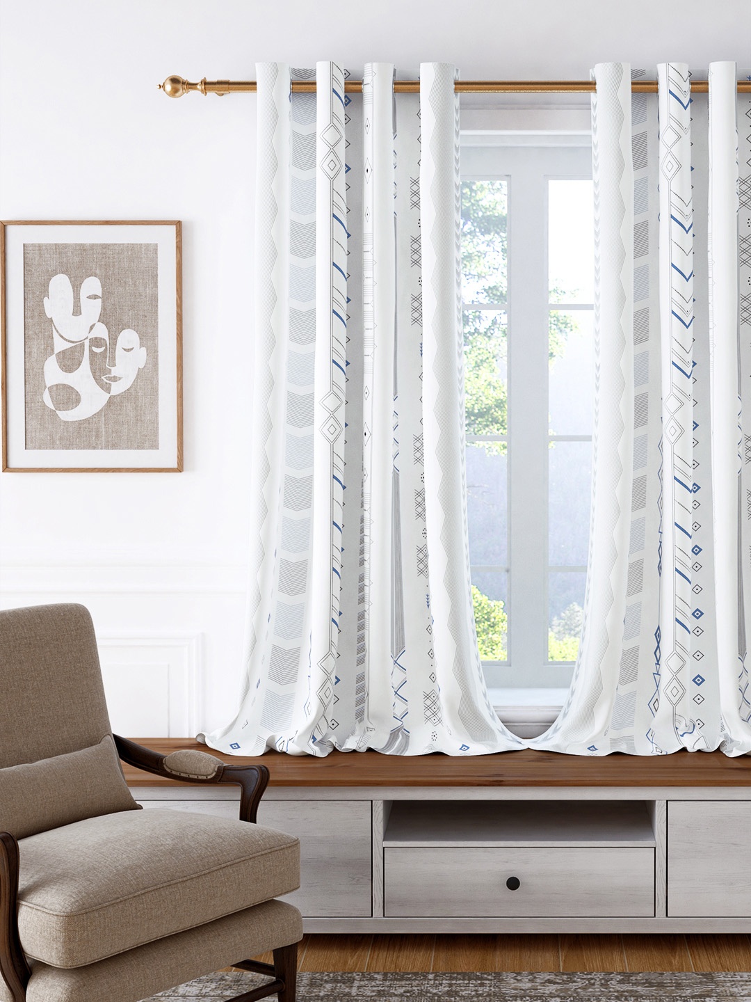 

Story@home White & Blue Geometric Room Darkening Window Curtain