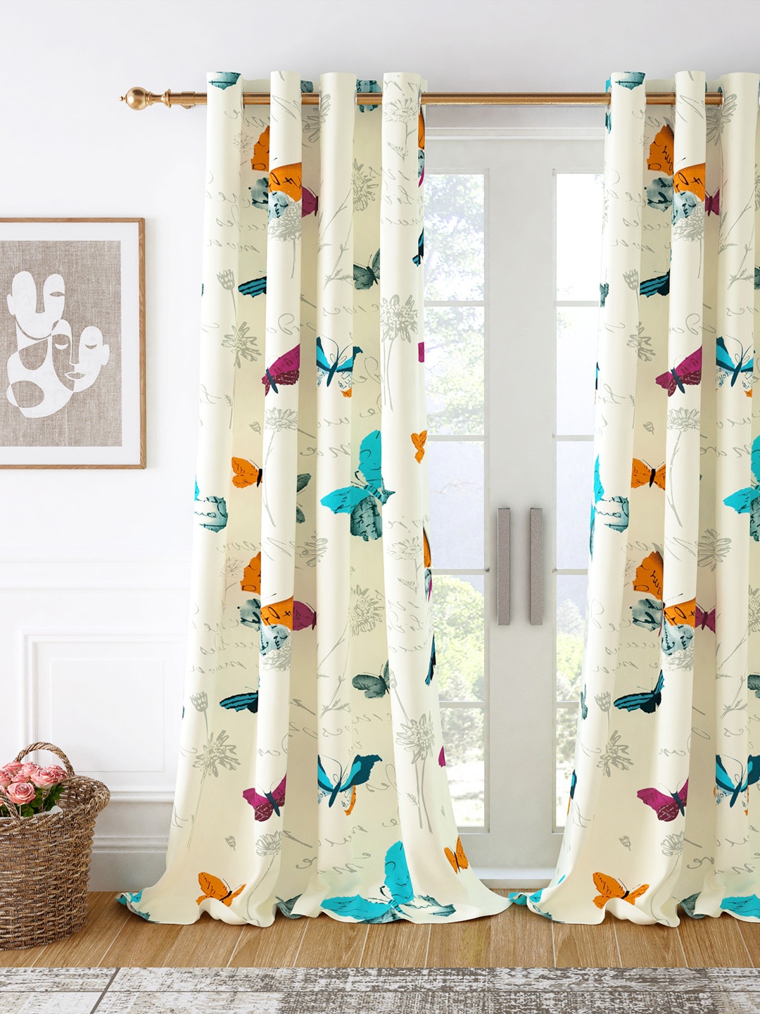 Story@home White & Pink Printed Room Darkening Long Door Curtain