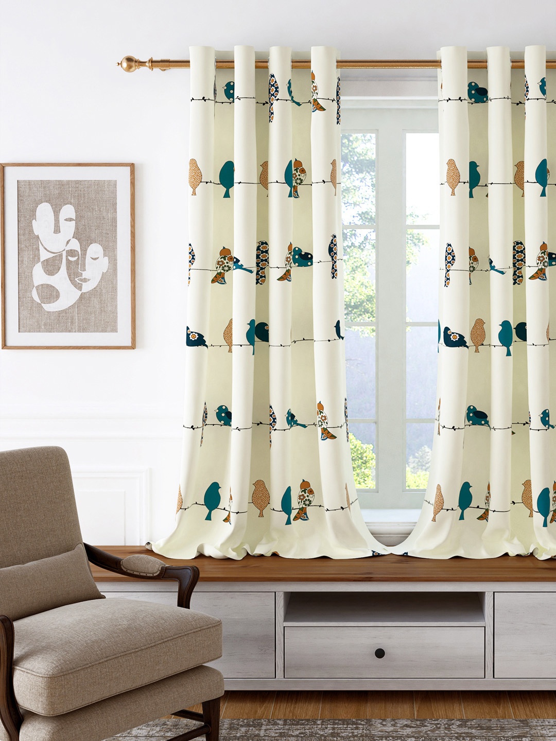 

Story@home White & Teal Quirky Cotton Room Darkening Window Curtain