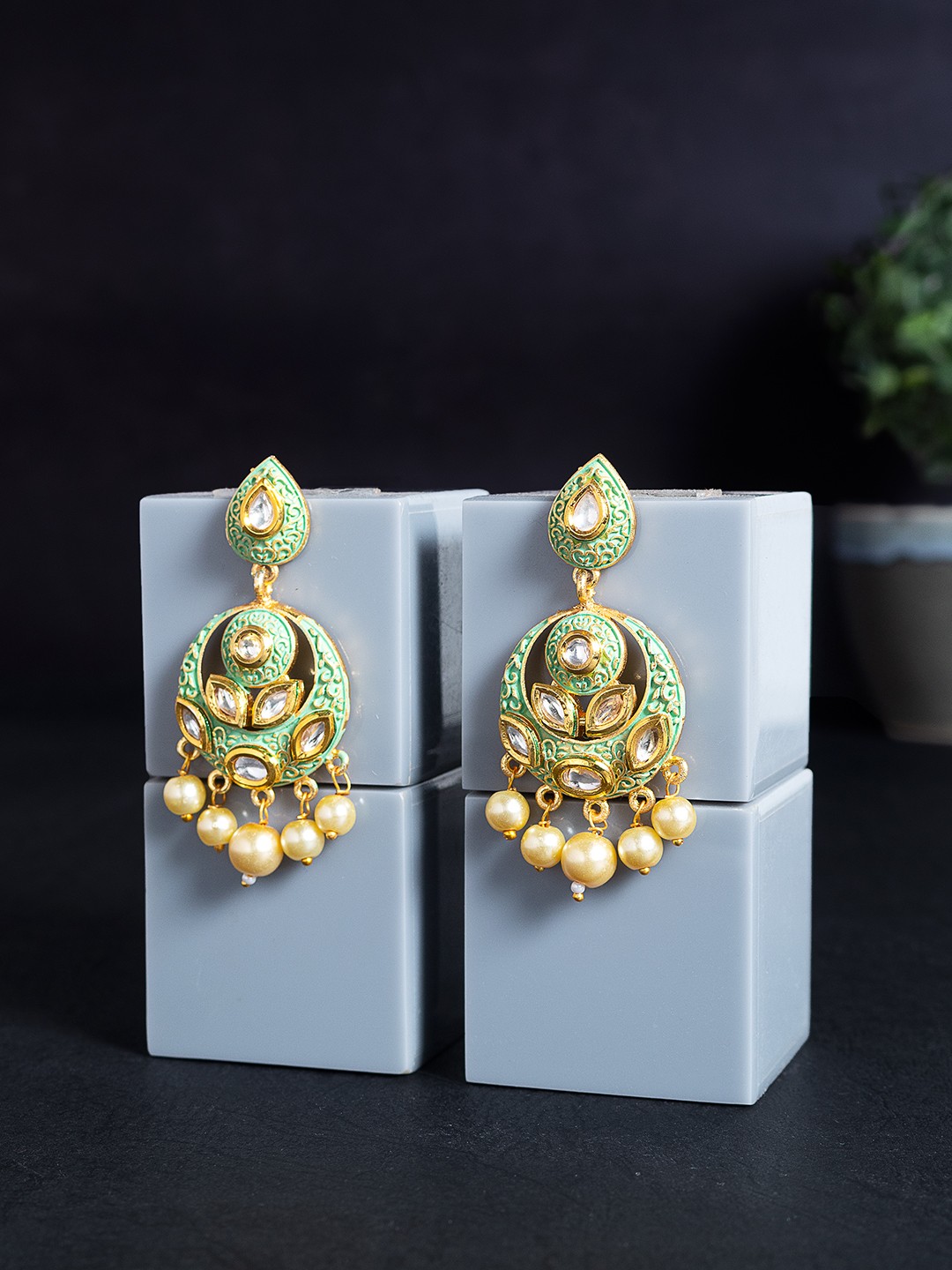 

Golden Peacock Green & Gold-Toned Classic Chandbalis Earrings