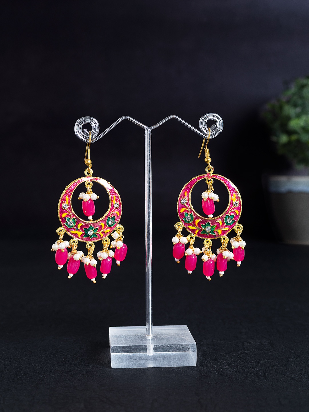 

Golden Peacock Pink & Green Circular Chandbalis Earrings