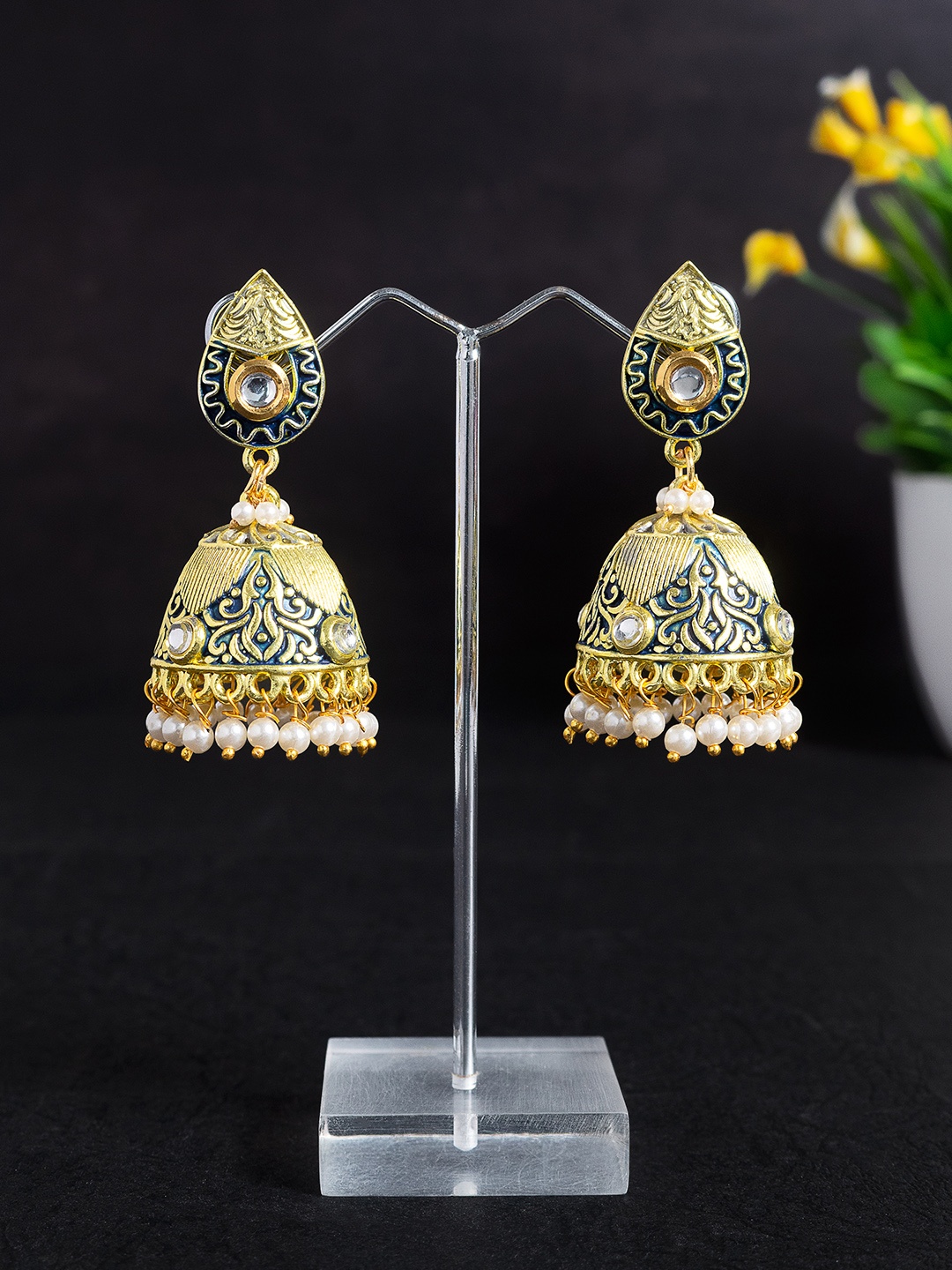 

Golden Peacock Navy Blue & Gold-Toned Dome Shaped Jhumkas Earrings