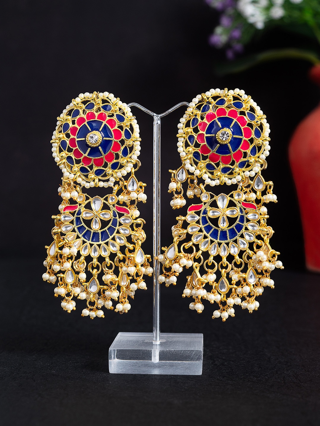 

Golden Peacock Navy Blue & Red Floral Drop Earrings